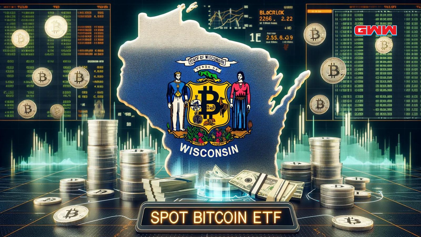 Wisconsin map with Bitcoin symbol, stacks of coins, and trading screens