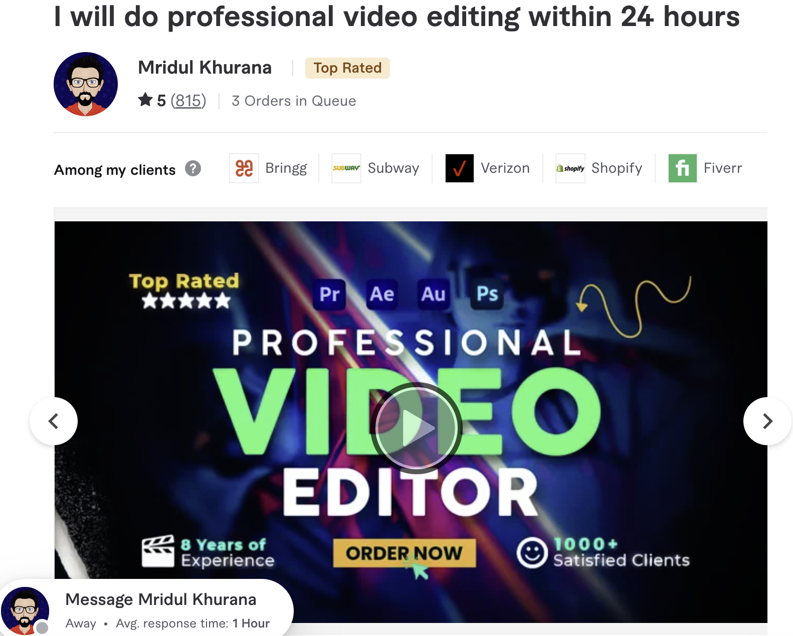 Screenshot of a professional video editor on Fiverr. 