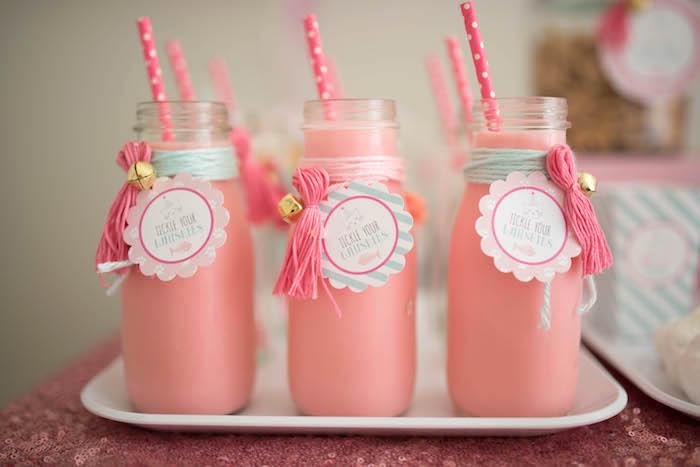 Strawberry milk bottles tied with yarn and bells from a Kitty Cat Birthday Party on Kara's Party Ideas | KarasPartyIdeas.com (20)