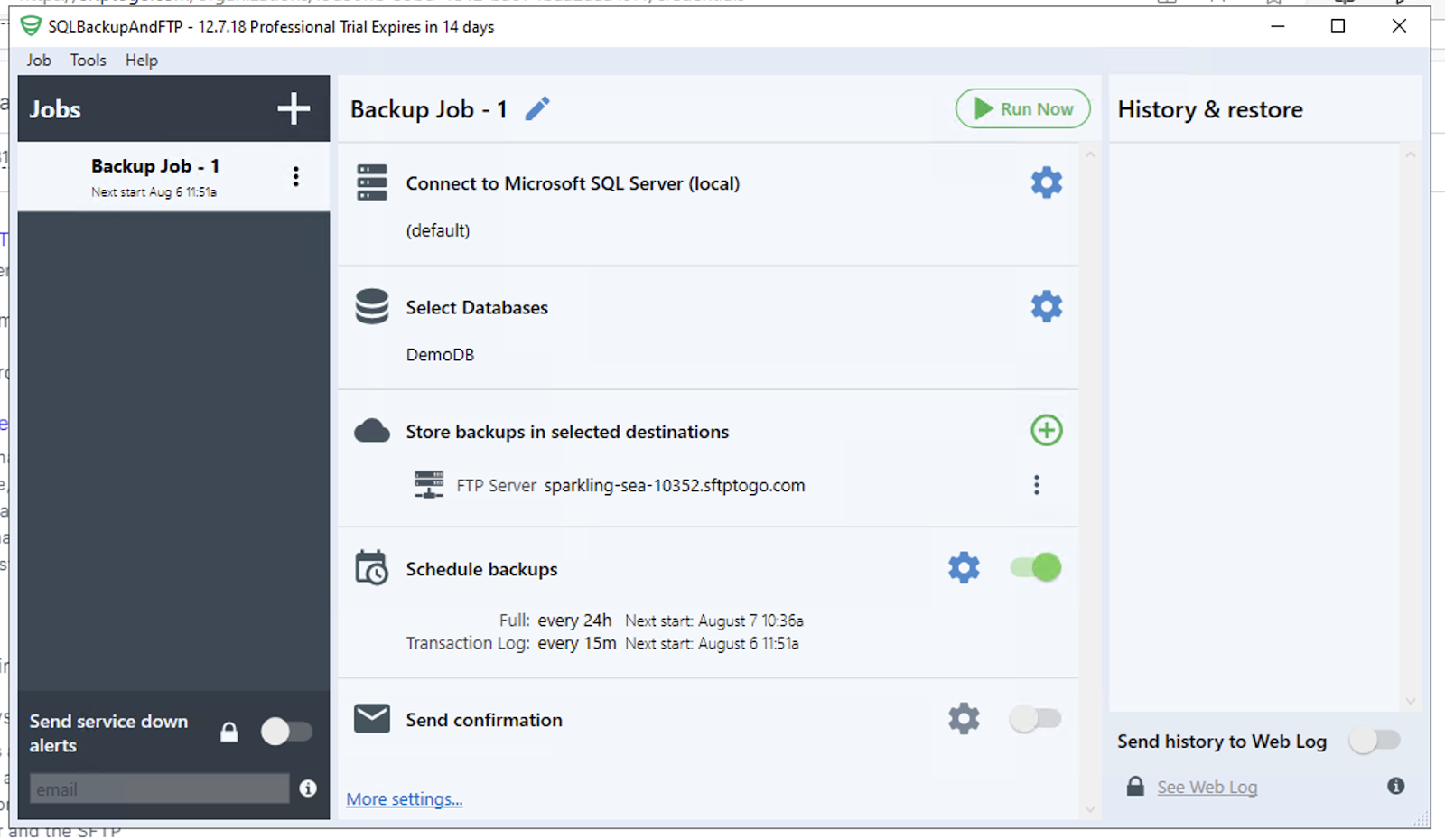 Scheduled backup settings are visible via the SQLBackupAndFTP Job tab