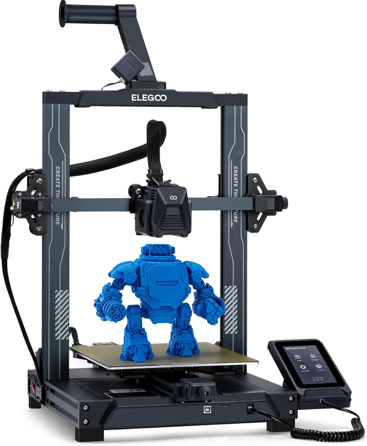 Bright blue robot model being printed on an Elegoo Neptune 3 Pro 3D printer, illustrating its status as one of the best 3D printers for beginners with its detailed printing capability and user-friendly controls