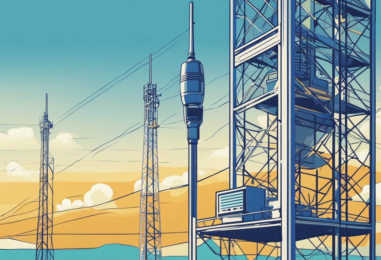 A radio tower stands tall against a bright blue sky, with a microphone symbol on the side. A graph showing fluctuating advertising costs sits in the foreground