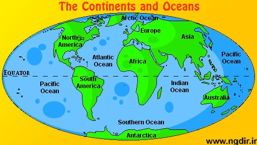 Map showing oceans and continents on earth