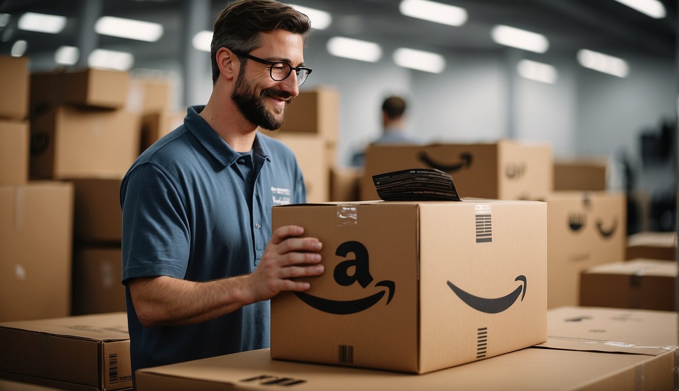 A person packaging items with Amazon logo, ready for shipment