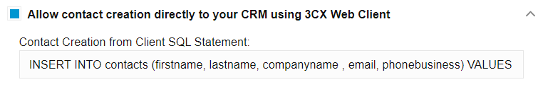 To create new contacts in the database when the caller number can’t be found, check the <b>“Allow contact creation directly to your CRM using 3CX Web Client”</b> 