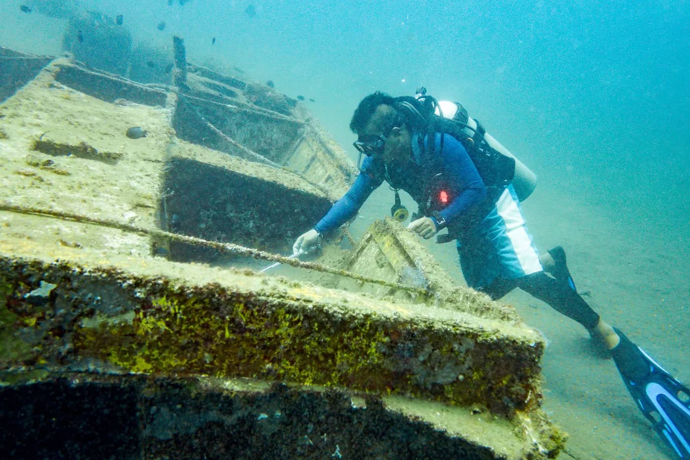 A photo of a diver exploring a shipwreck in Dauin diving spot.