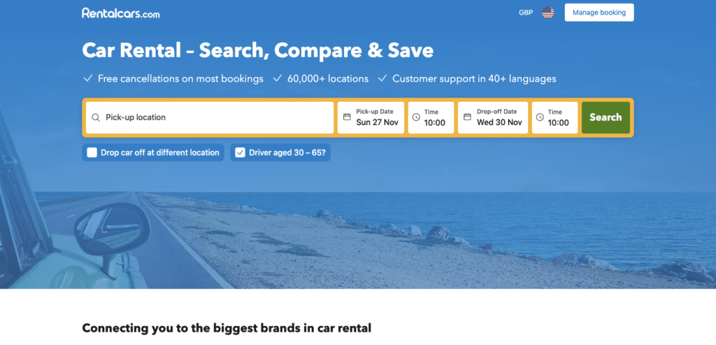 RentalCars.com home page