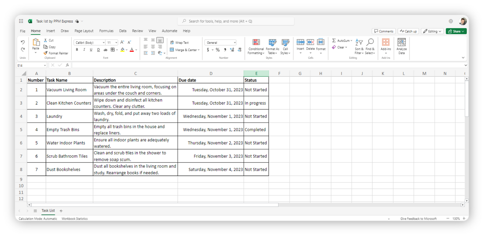To-do task list in Excel