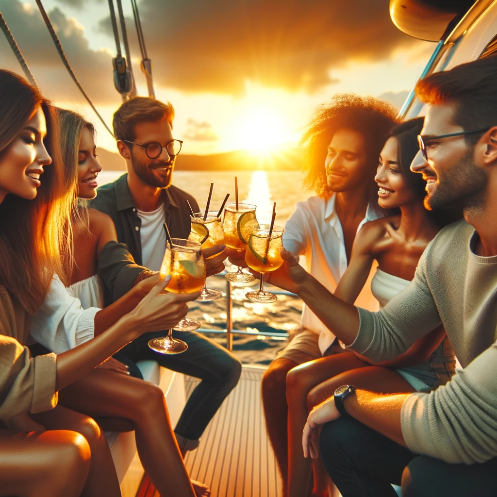A diverse group of friends clinking glasses on a yacht at sunset in Los Cabos.