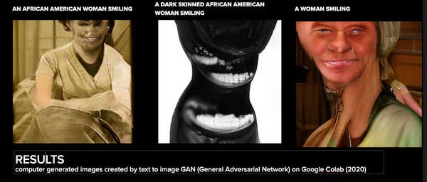 A triptych of the results of distorted A.I. images generated by word prompts like ‘a women smiling.’