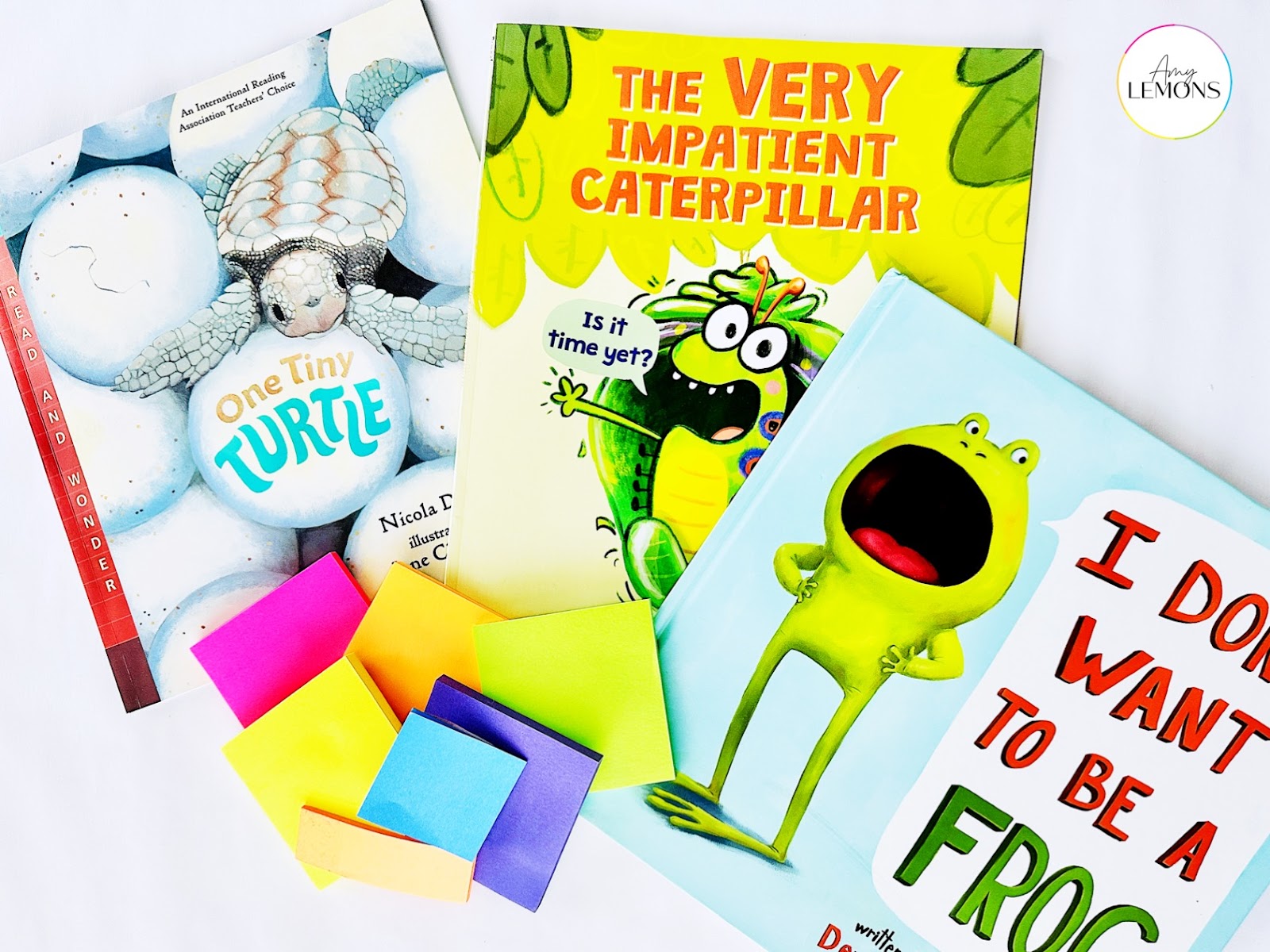 Spring books and sticky notes for Spring reading activities.
