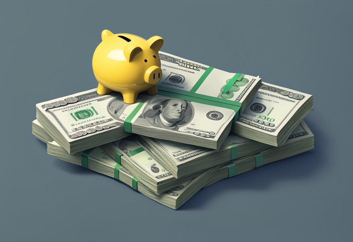 A piggy bank on top of a stack of money

Description automatically generated