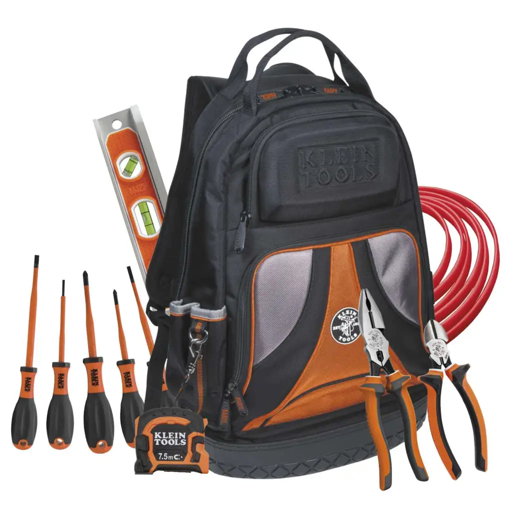 A black and orange backpack with tools

Description automatically generated