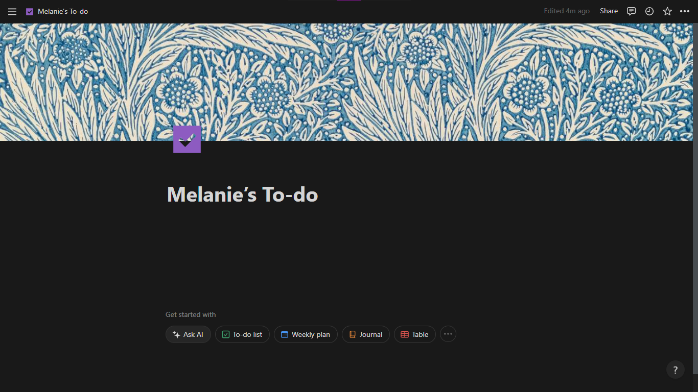A notion page displaying a cover photo, text reading "Melanie's To-do", and some buttons floating at the bottom.