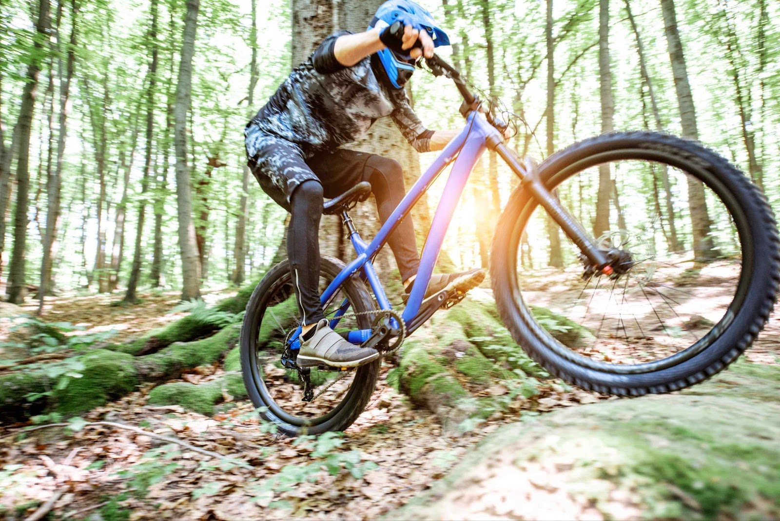 A cross-country mountain bike rider in the woods, showing the lightweight design important for how to choose a mountain bike for racing