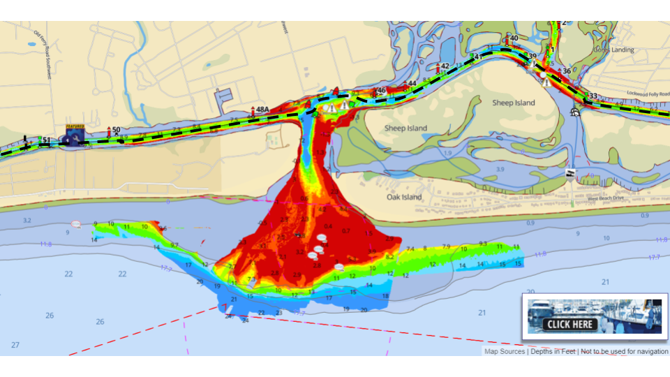 A navigational map from Aquamaps that shows depths at Lockwood Folly NC.