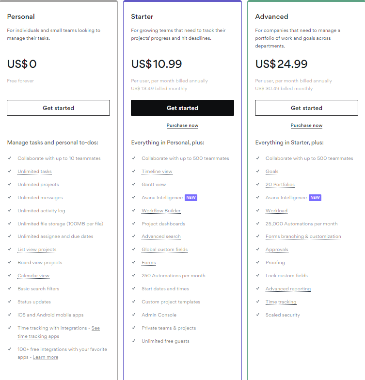 Asana pricing plans