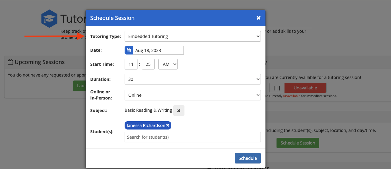 Screenshot of the tutoring modal that shows how a tutor can schedule a session with a student.