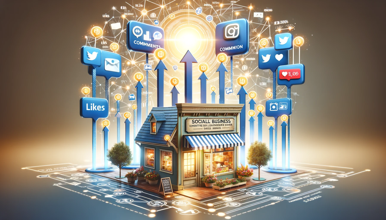 A small building with social media icons around it