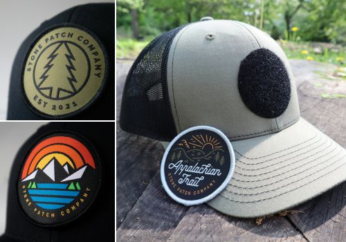 Trucker hats with removable velcro patches, created with patches from Stone Patch Company. 