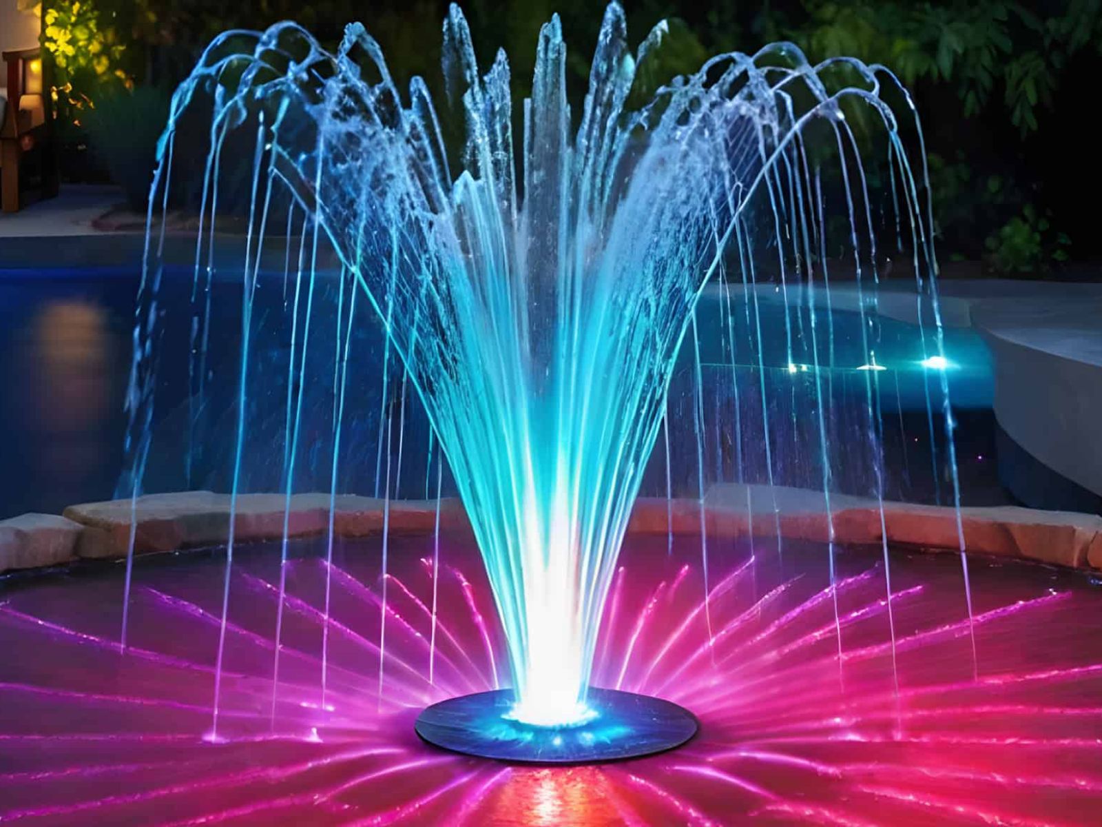 An outdoor fountain with multicolor lights