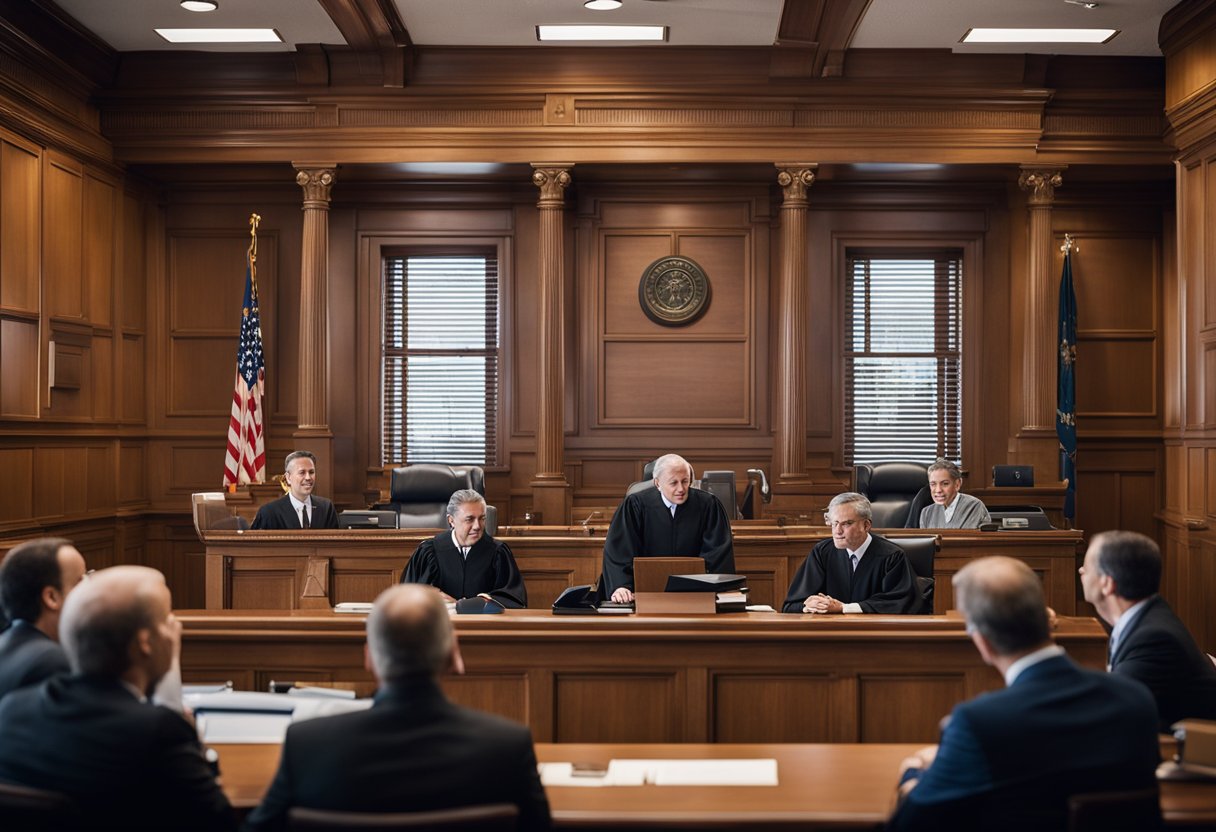 A courtroom scene with a judge, lawyers, and a plaintiff, discussing personal injury law in Massachusetts