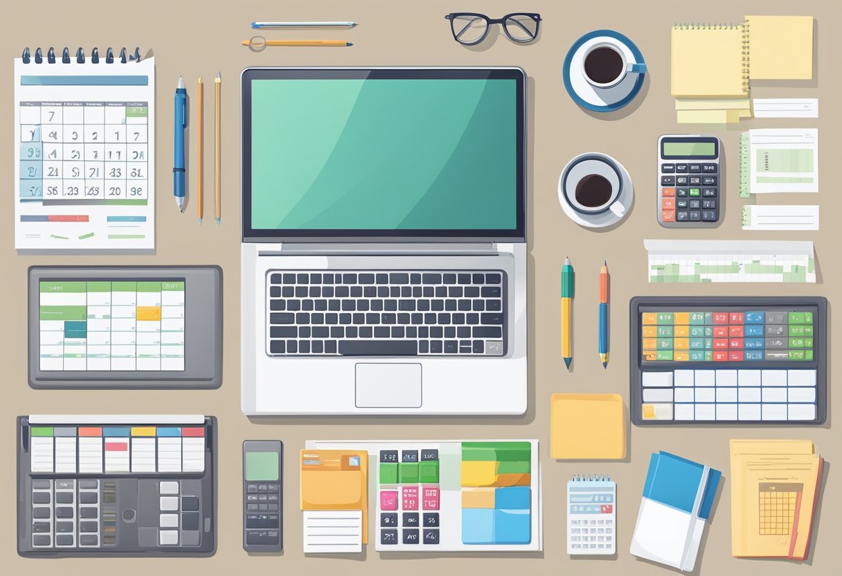 A desk with a laptop, calculator, and financial documents. A calendar displaying monthly dates. A list of expenses and income categories