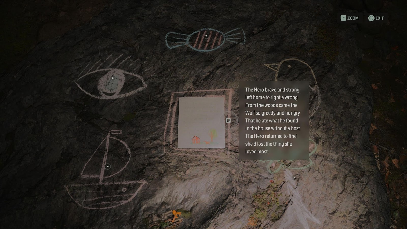 An in game screenshot of the Witchfinder's Station nursery rhyme from the game Alan Wake II