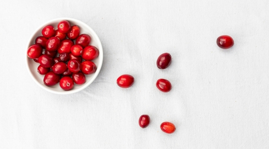 Cranberries in a white bowl on a white countertop