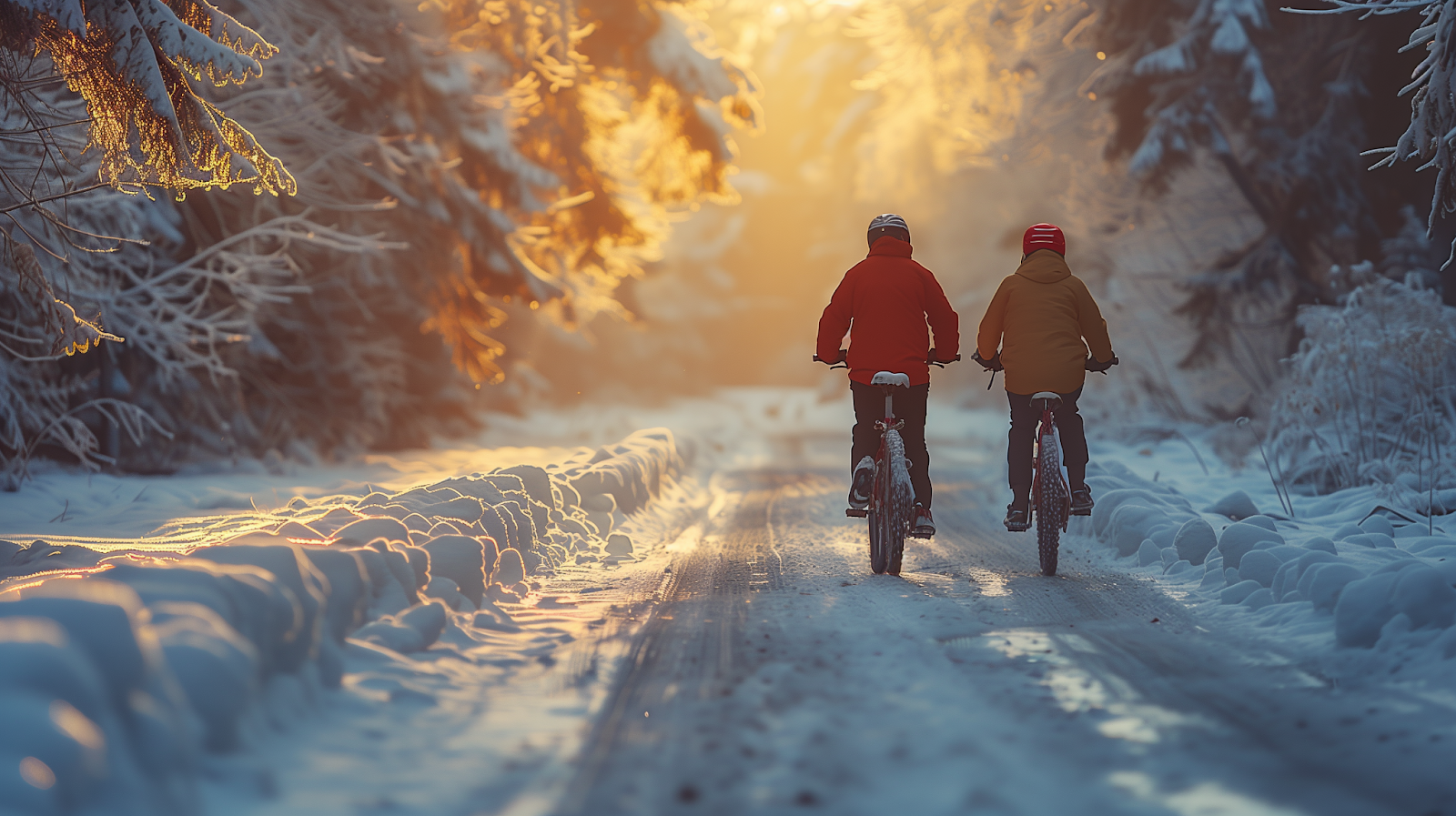 A couple biking along a snowy path