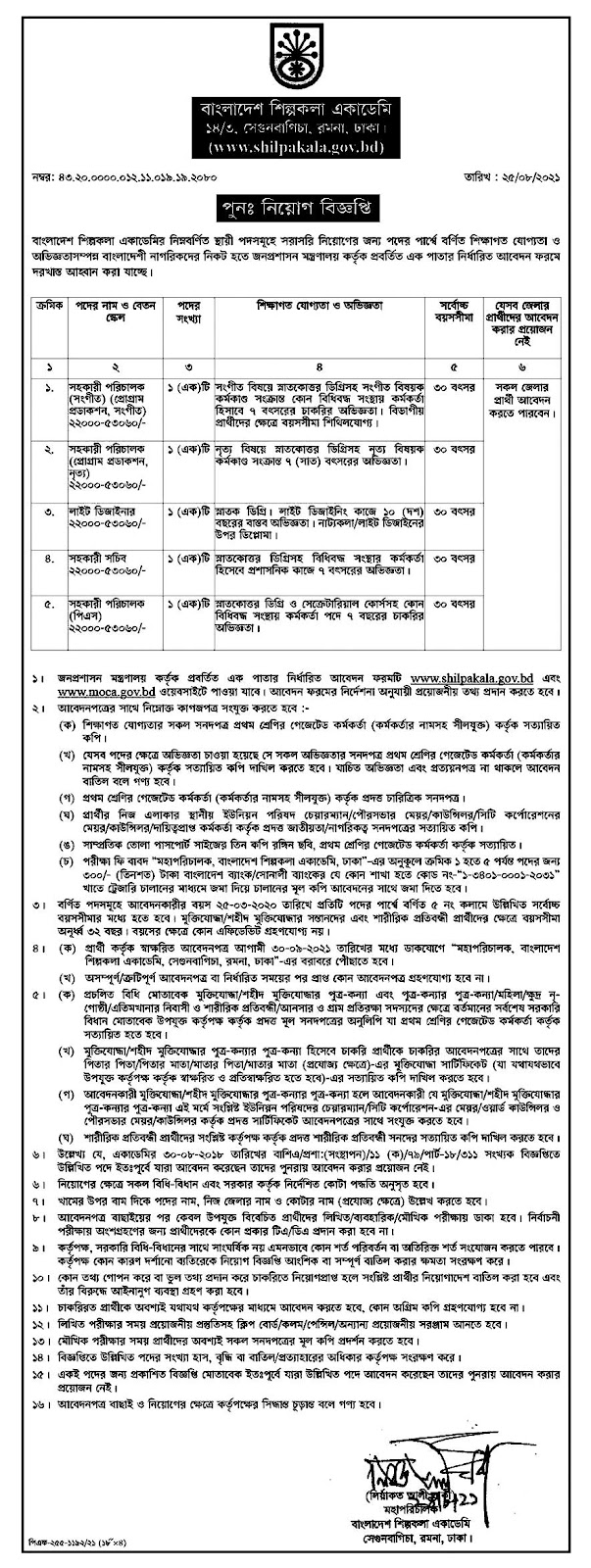 Bangladesh Shilpakala Academy Job Circular 02 2021