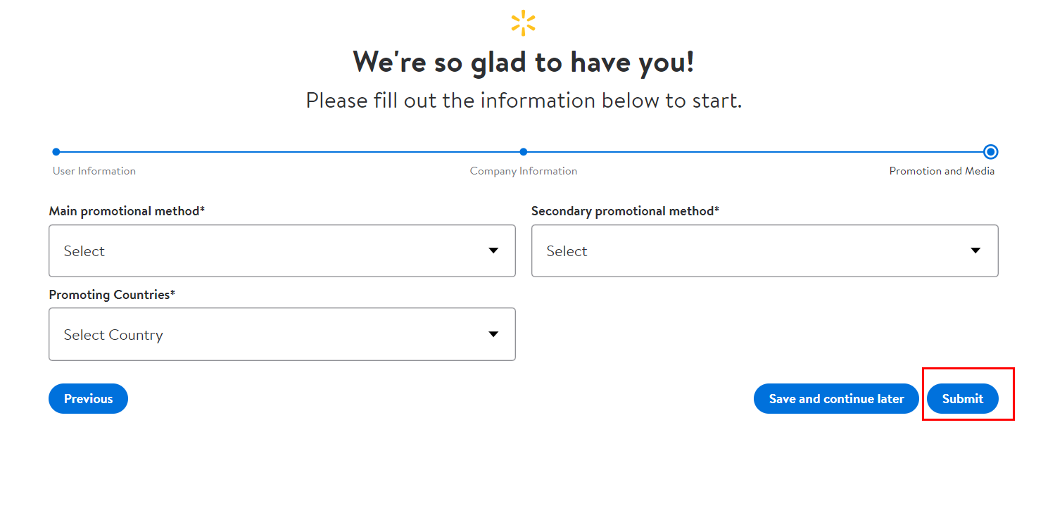 Walmart - account creation page for promotion information submission