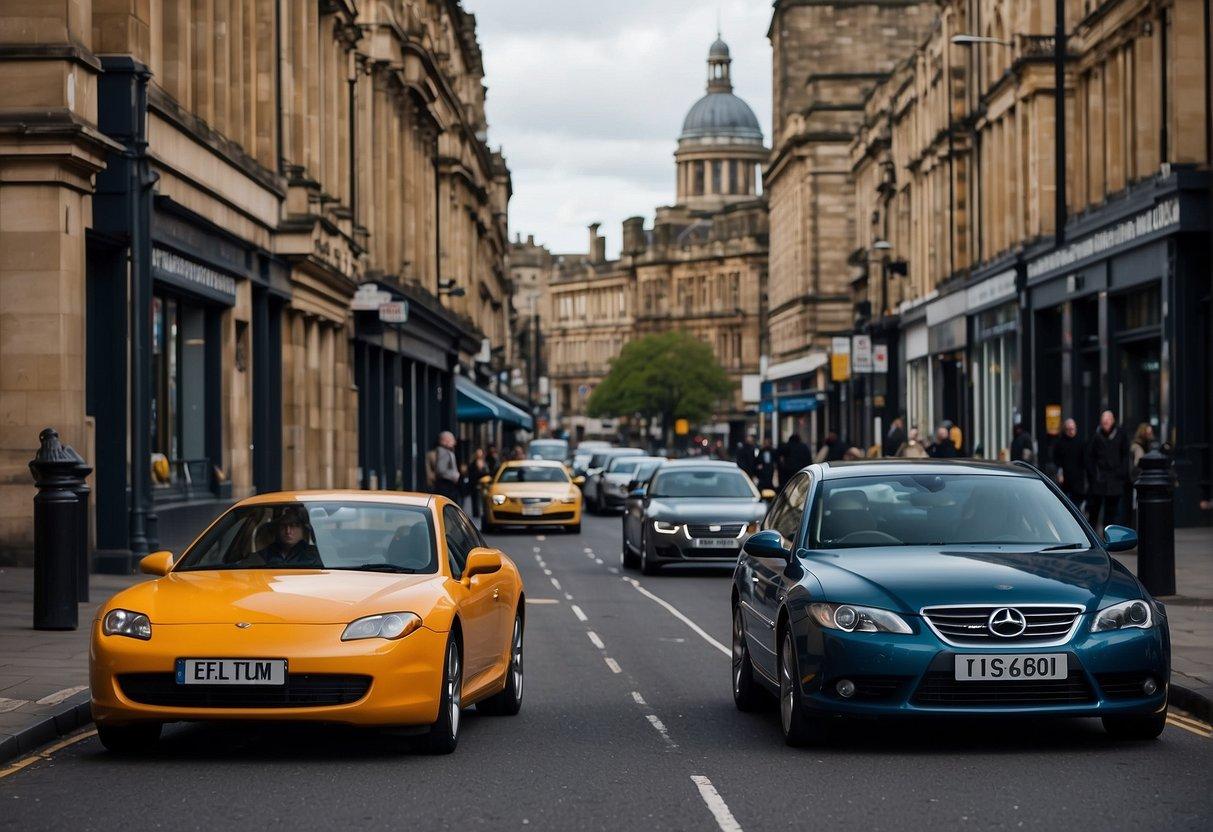 Cars drive through Newcastle's bustling streets, passing by historic landmarks and modern attractions. The cityscape is alive with movement and energy
