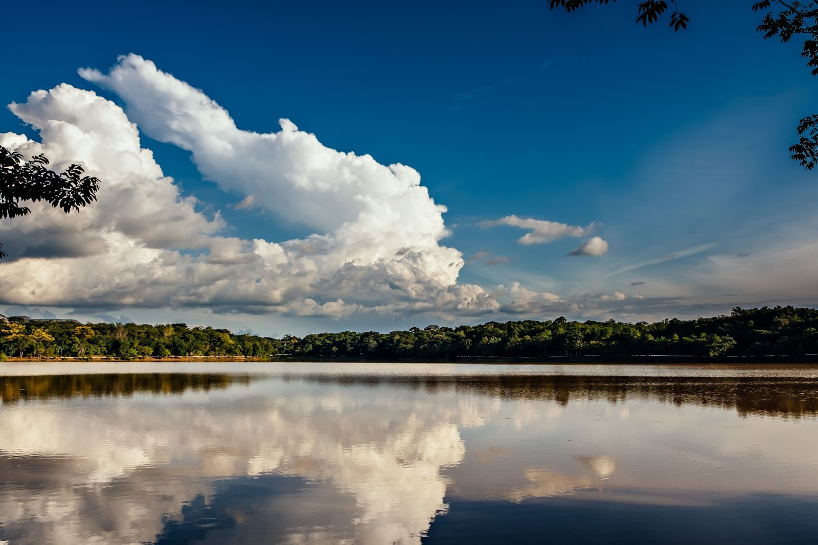 Foto do lago do Parque Cesamar. Água refletindo o céu, com grande nuvem branca em um céu azul