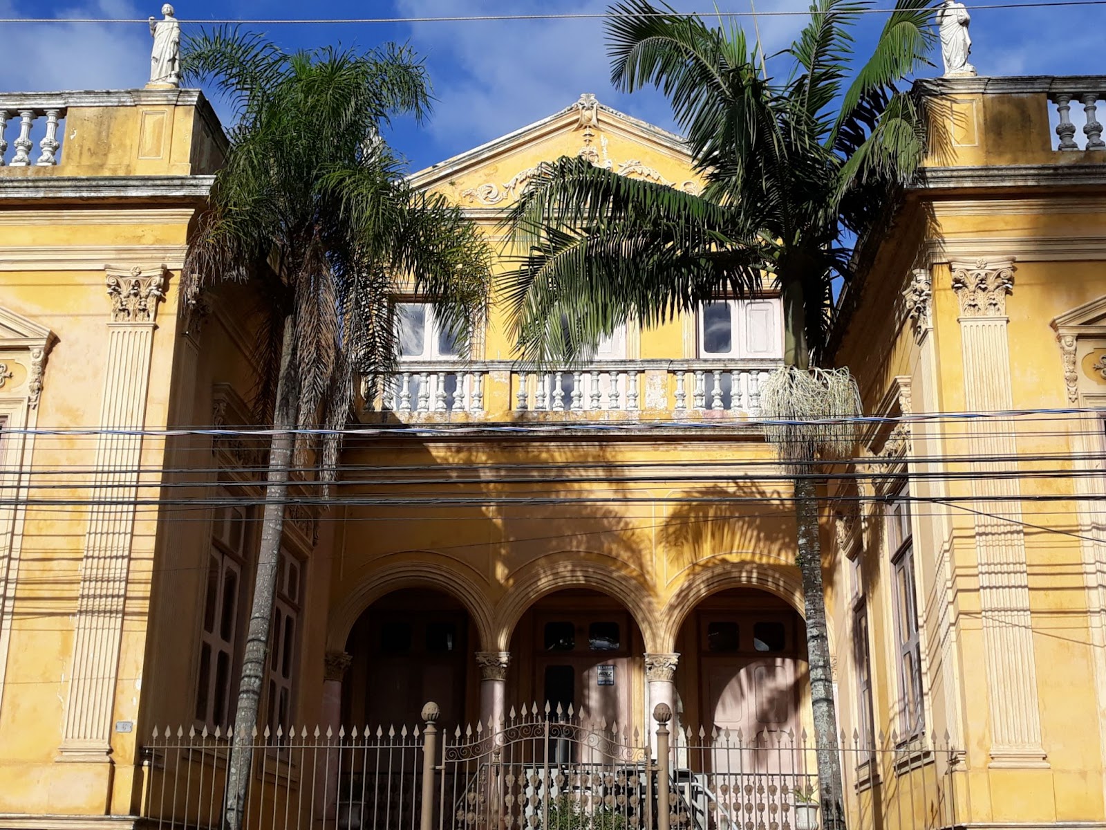 Prédio histórico em estilo neoclássico, de cor amarela, com duas árvores altas em cada lado da entrada.