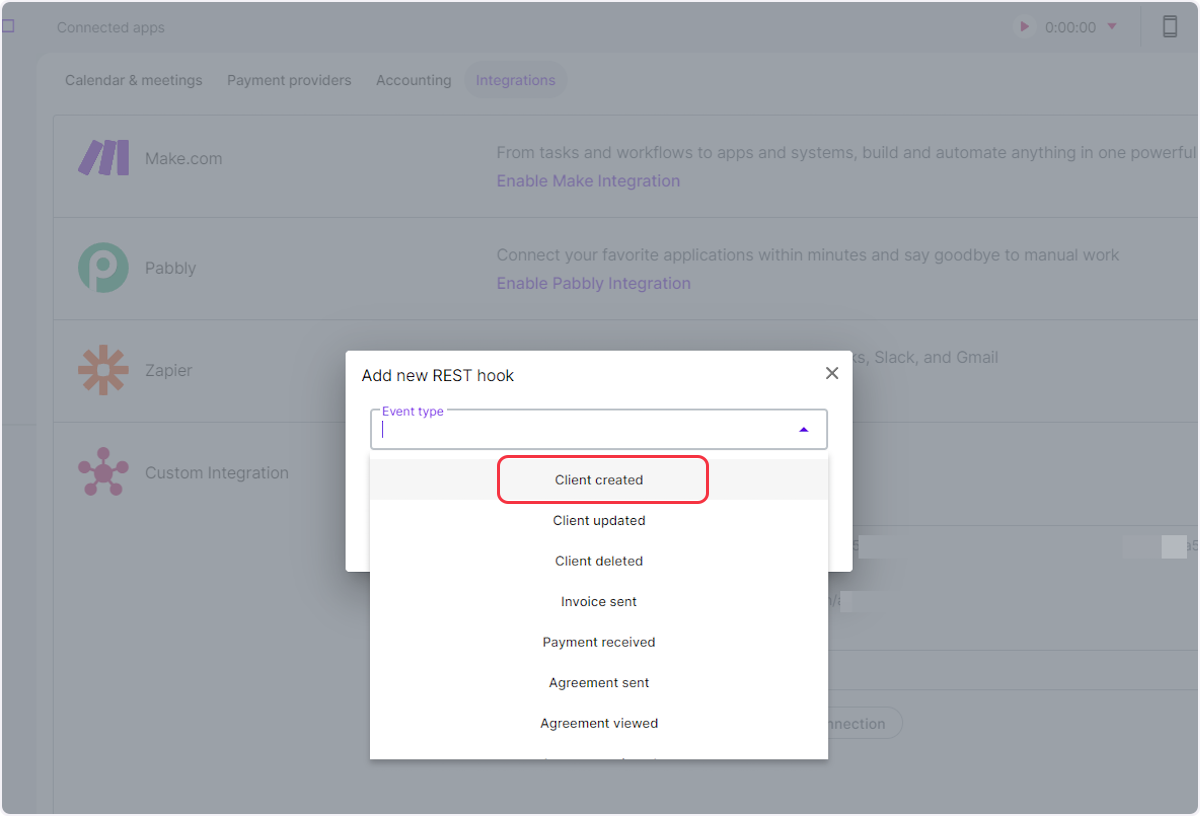 Now, inside the "Add New REST Hook" popup, select the "Event type" based on your trigger. For example, if you are adding a webhook for the "Client Created" trigger, then choose the "Client created" event type.