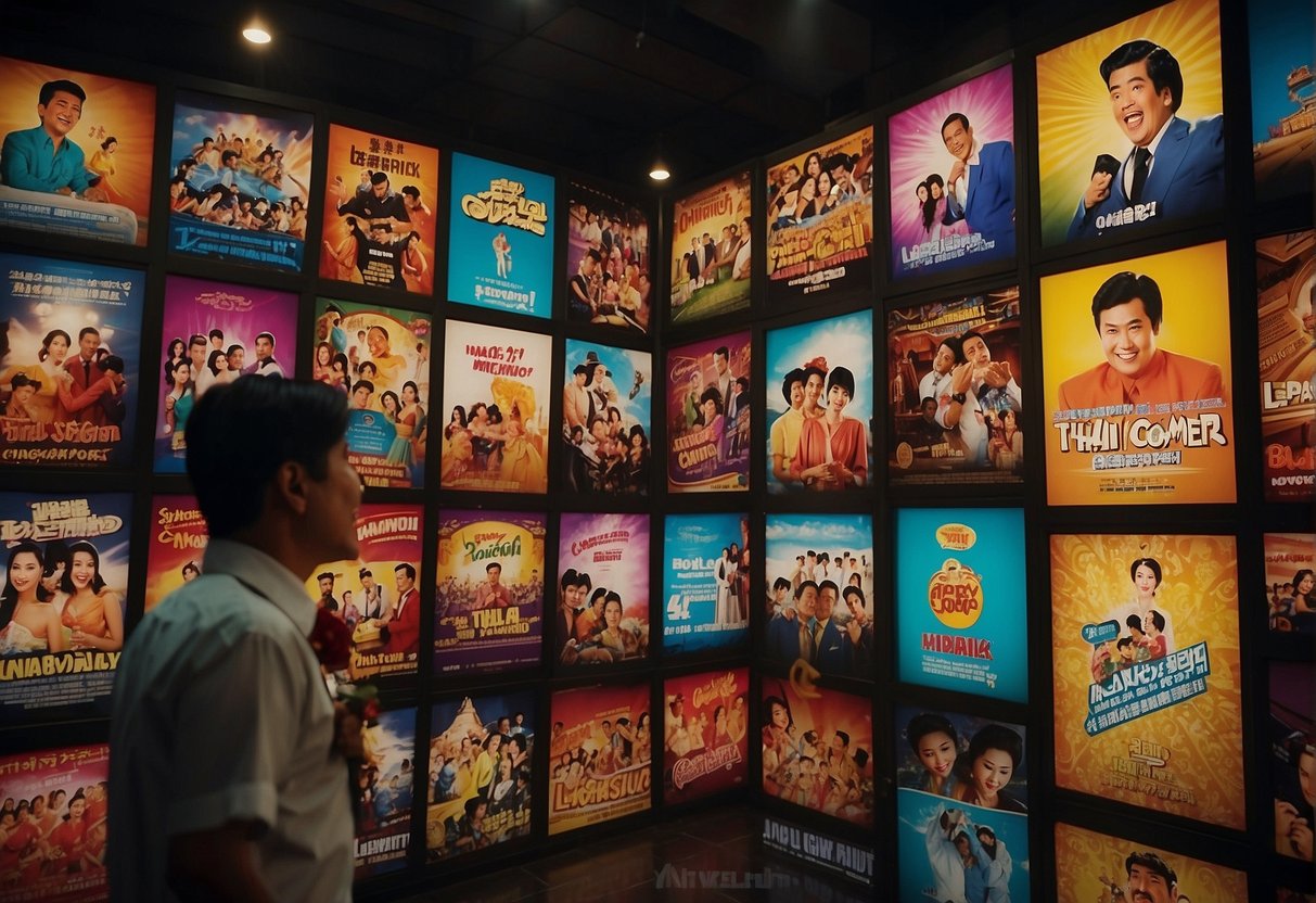 Colorful movie posters line the walls, depicting Thai comedy scenes with exaggerated expressions and lively characters. Laughter fills the air as people gather around a screen, enjoying the best Thai comedy movies