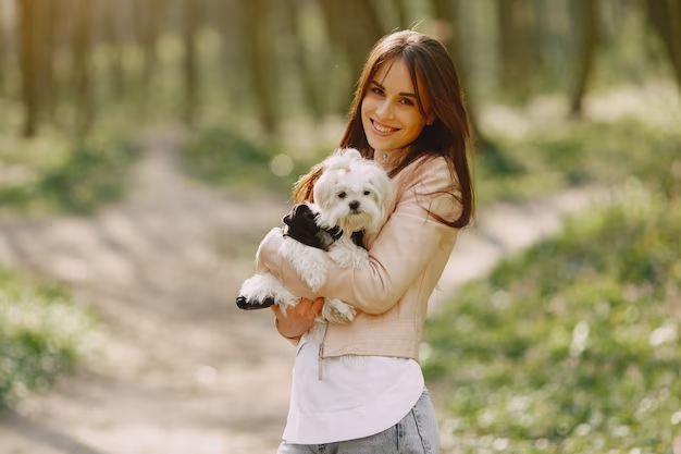A woman holding a cute dog in a forest.