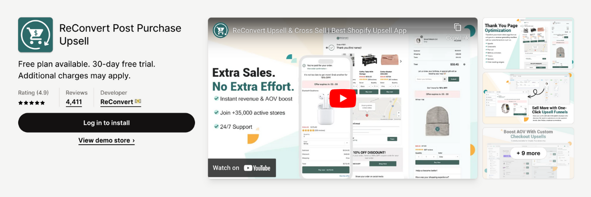 shopify app store listing page of ReConvert Post Purchase Upsell