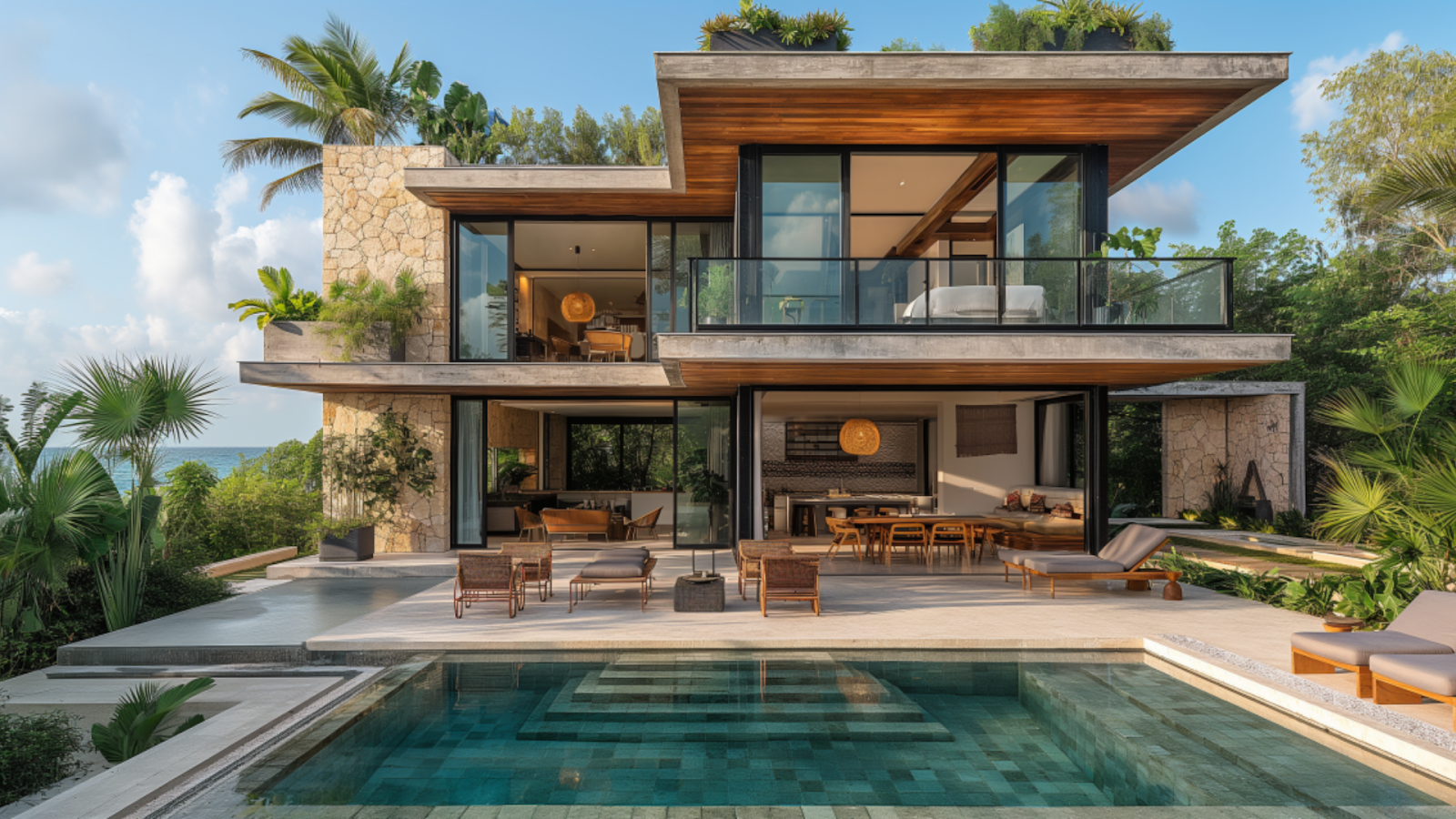 Modern luxury beachfront villa in Playa del Carmen with tropical surroundings