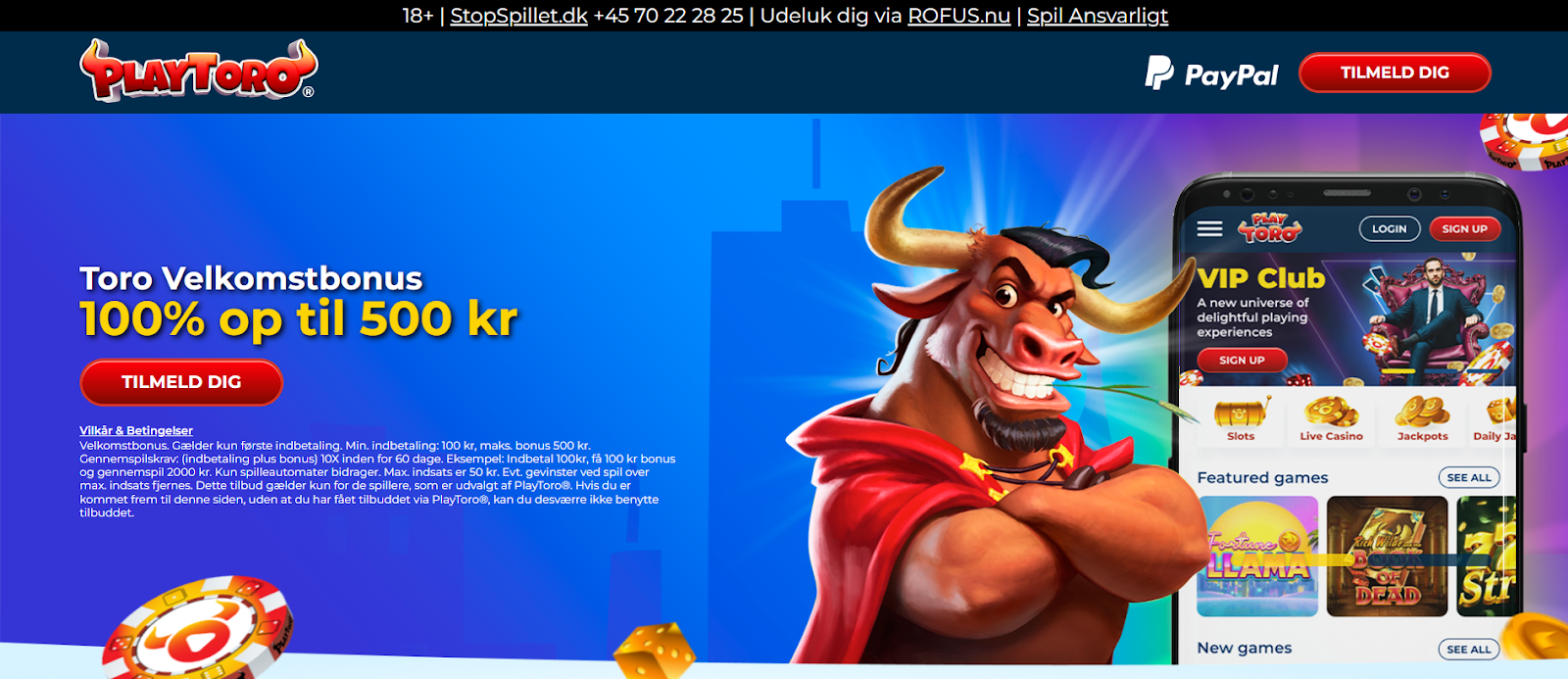 Skærmbillede af startsiden PlayToro Casino 