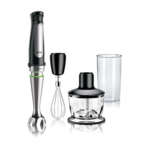 Braun MQ7035X 3-in-1 Immersion Hand, Powerful 500W Stainless Steel Stick Blender Variable Speed + 2-Cup Food Processor, Whisk, Beaker, Faster, Finer Blending, MultiQuick