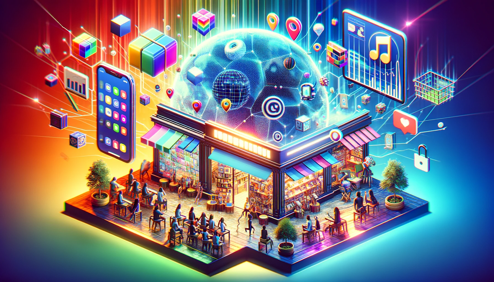 Conceptual image of a lively digital marketplace displaying a range of NFT products, highlighting the diversity and vibrancy of the NFT industry in an engaging virtual storefront.