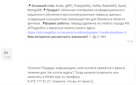 Чат-бот рассказывает о вакансии и делится со ссылкой для подробного изучения позиции