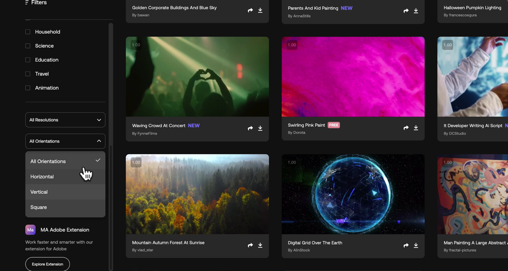 Motion Array's Dark Interface with Filters options and a few of stock video gallery visible