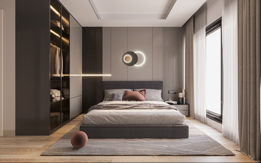 Phòng ngủ master với sự kết hợp của hai gam màu tương phản giữa sáng và tối