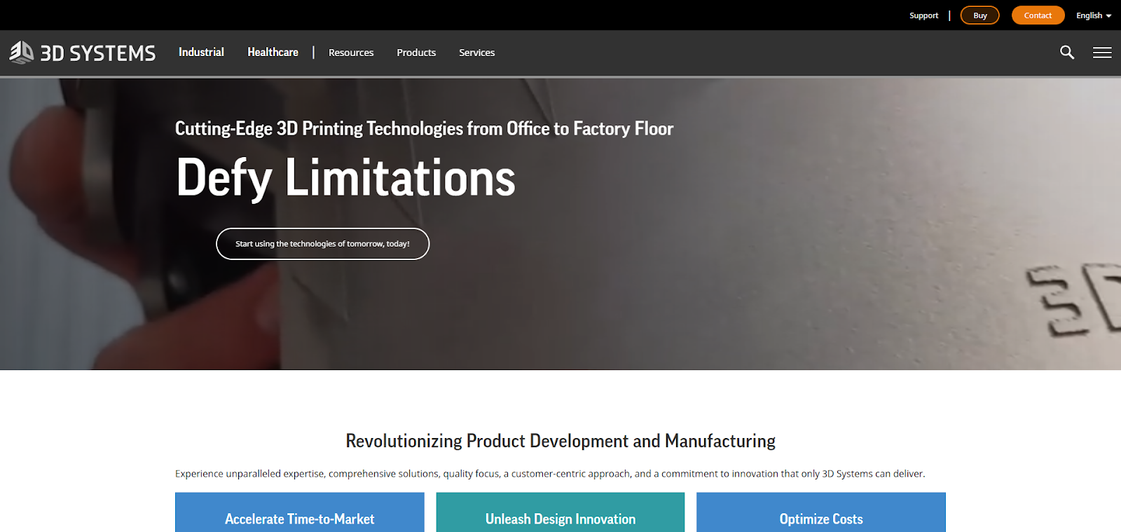 A screenshot of 3D Systems Corporation's website