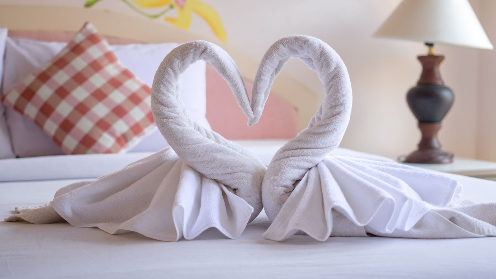two swan-shaped folded towels forming a heart with their beaks on an Airbnb bed