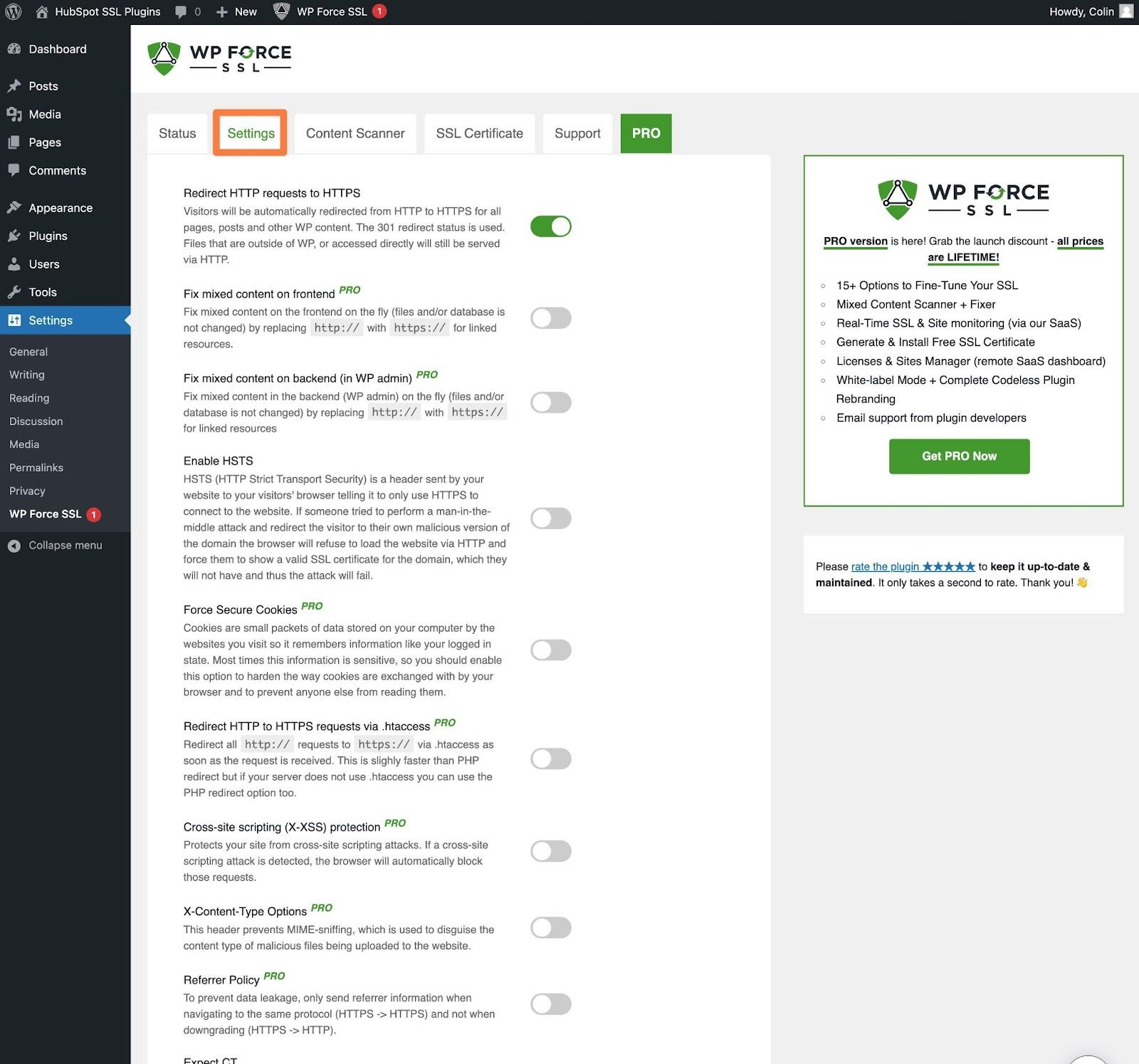 WordPress SSL plugin, the WP Force SSL advanced settings area