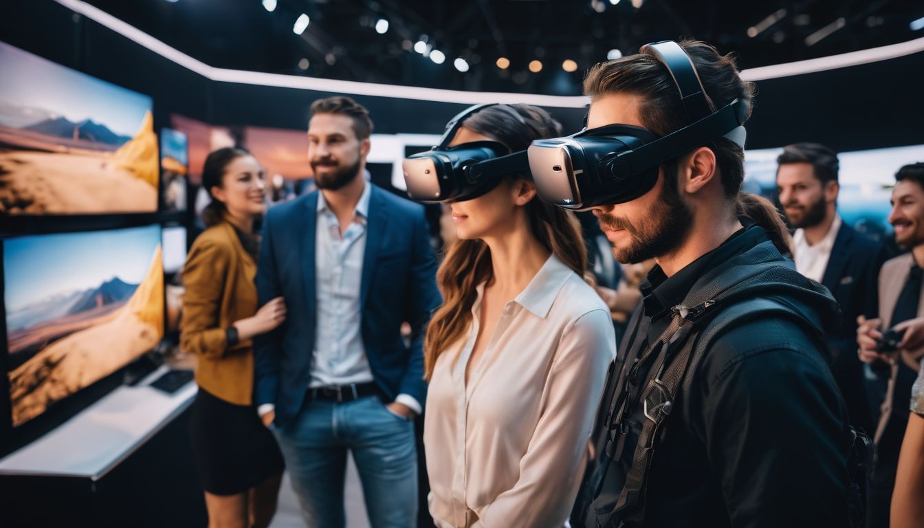 A group of people experiencing a virtual reality adventure at a tech exhibition.
